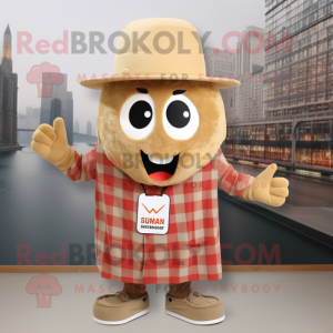 Tan Shakshuka mascot costume character dressed with a Flannel Shirt and Hat pins
