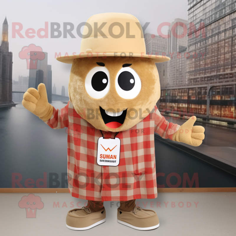 Tan Shakshuka mascot costume character dressed with a Flannel Shirt and Hat pins Tan Shakshuka mascot costume character dressed with a Flannel Shirt and Hat pins