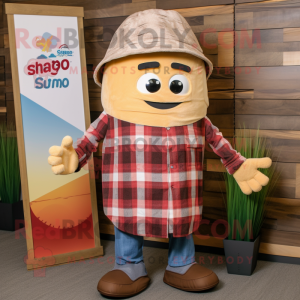 Tan Shakshuka mascot costume character dressed with a Flannel Shirt and Hat pins