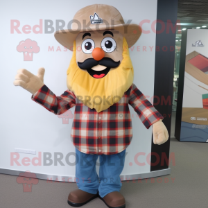 Tan Shakshuka mascot costume character dressed with a Flannel Shirt and Hat pins