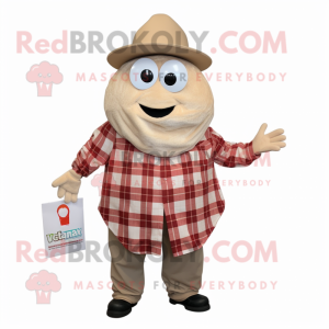 Tan Shakshuka mascot costume character dressed with a Flannel Shirt and Hat pins