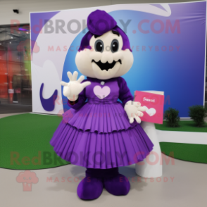 Purple Love Letter mascot costume character dressed with a Ball Gown and Mittens