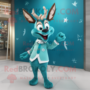 Teal Reindeer mascot costume character dressed with a Pencil Skirt and Lapel pins