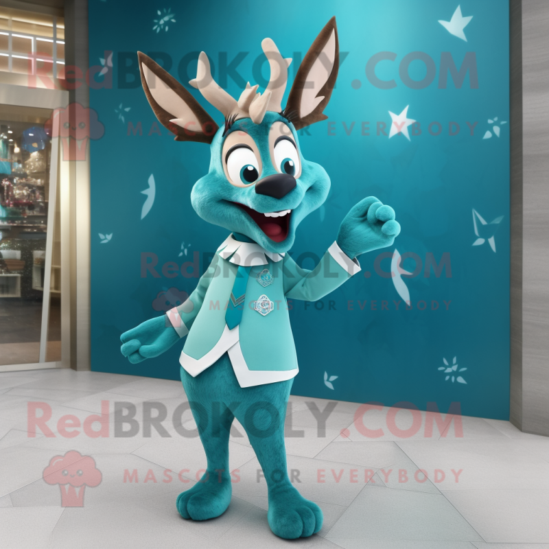 Teal Reindeer mascot costume character dressed with a Pencil Skirt and Lapel pins Teal Reindeer mascot costume character dressed with a Pencil Skirt and Lapel pins