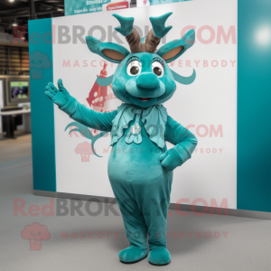 Teal Reindeer mascot costume character dressed with a Pencil Skirt and Lapel pins