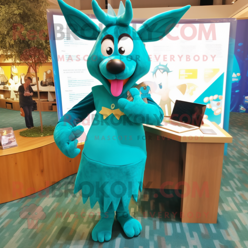 Teal Reindeer mascot costume character dressed with a Pencil Skirt and Lapel pins