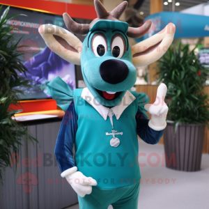 Teal Reindeer mascot costume character dressed with a Pencil Skirt and Lapel pins