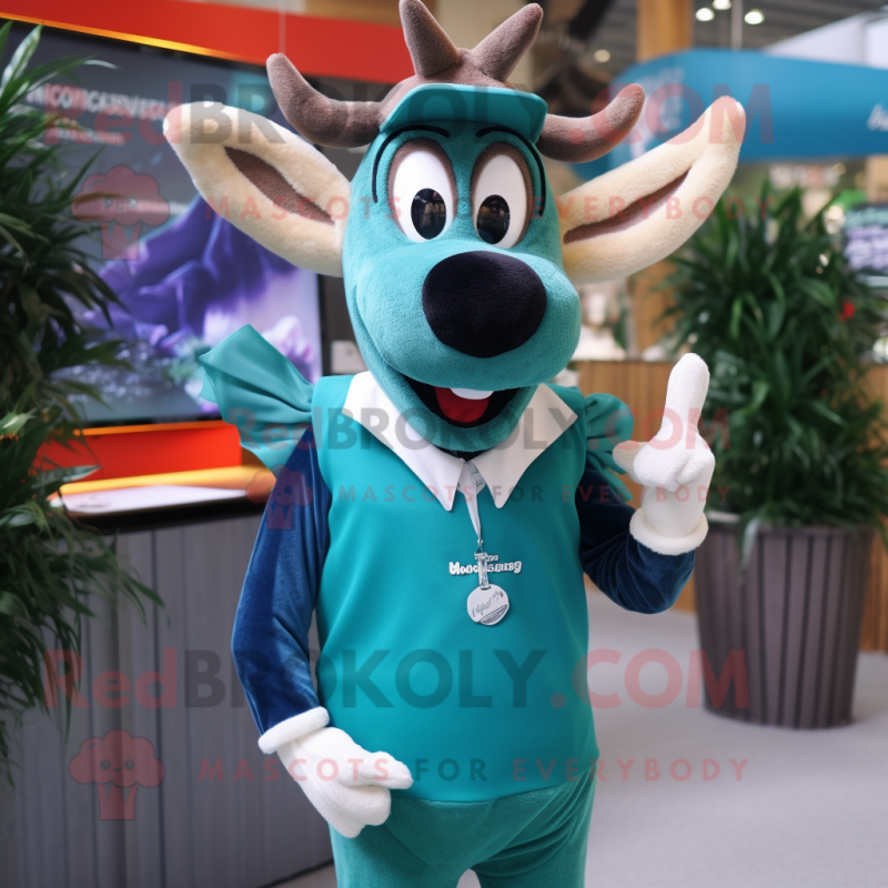 Teal Reindeer mascot costume character dressed with a Pencil Skirt and Lapel pins Teal Reindeer mascot costume character dressed with a Pencil Skirt and Lapel pins