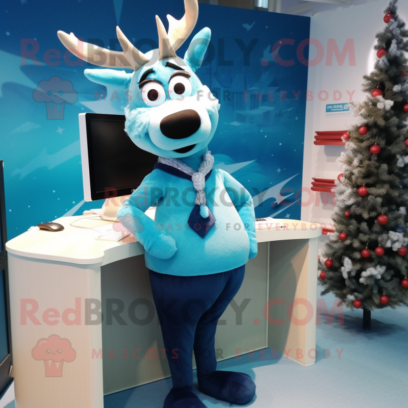 Cyan Reindeer mascot costume character dressed with a Pencil Skirt and Ties