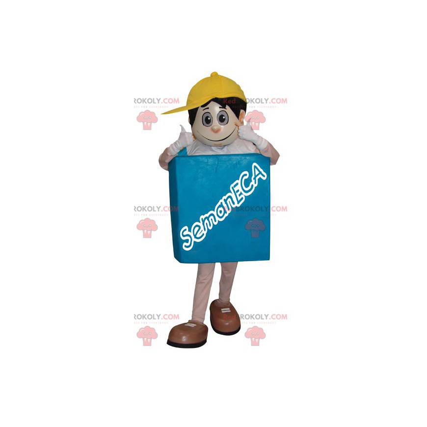 Snowman mascot with a square body and a yellow cap -