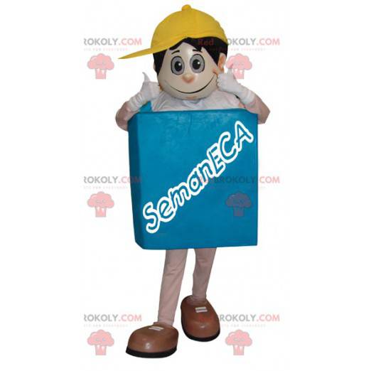 Snowman mascot with a square body and a yellow cap -