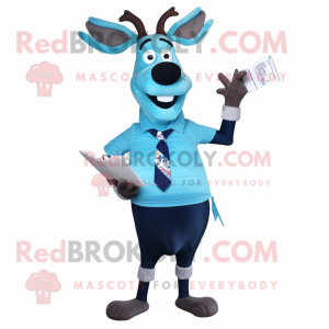 Cyan Reindeer mascot costume character dressed with a Pencil Skirt and Ties