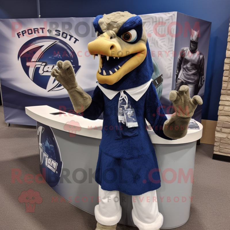 Navy Utahraptor mascot costume character dressed with a Bikini and Scarf clips