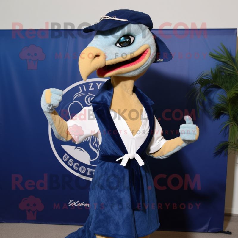 Navy Utahraptor mascot costume character dressed with a Bikini and Scarf clips