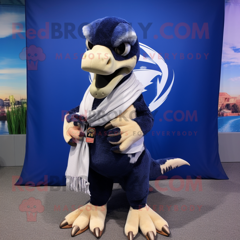 Navy Utahraptor mascot costume character dressed with a Bikini and Scarf clips Navy Utahraptor mascot costume character dressed with a Bikini and Scarf clips