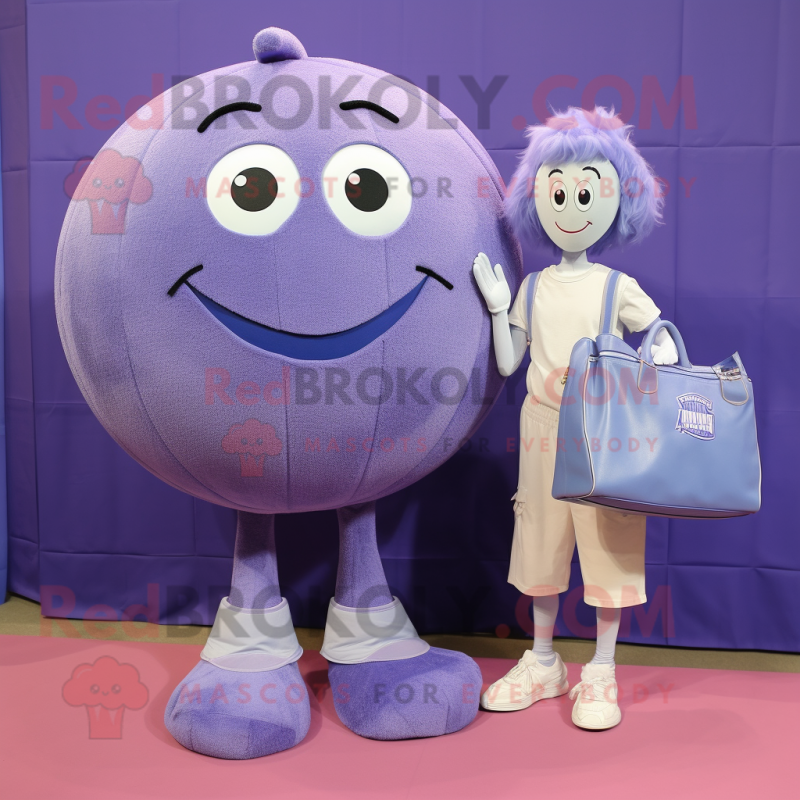 Lavender Volleyball Ball mascot costume character dressed with a Mom Jeans and Wallets