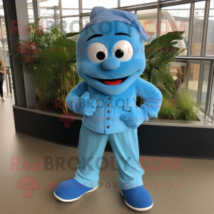 Blue But mascot costume character dressed with a Corduroy Pants and Shoe laces