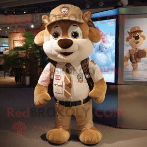 Beige Chief mascot costume character dressed with a Overalls and Backpacks