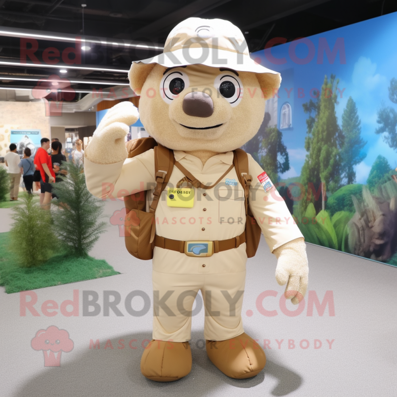 Beige Chief mascot costume character dressed with a Overalls and Backpacks