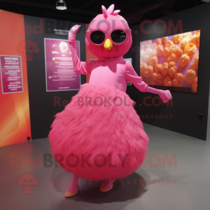 Pink Butter Chicken mascot costume character dressed with a Ball Gown and Sunglasses