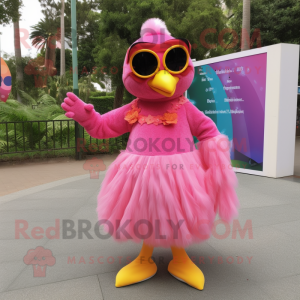 Pink Butter Chicken mascot costume character dressed with a Ball Gown and Sunglasses