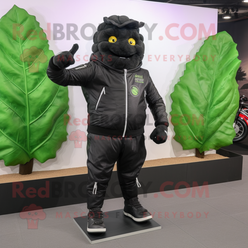 Black Cabbage mascot costume character dressed with a Biker Jacket and Foot pads