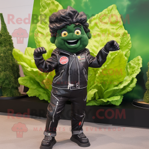 Black Cabbage mascot costume character dressed with a Biker Jacket and Foot pads