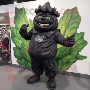 Black Cabbage mascot costume character dressed with a Biker Jacket and Foot pads