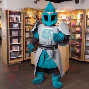 Teal Medieval Knight mascot costume character dressed with a V-Neck Tee and Headbands