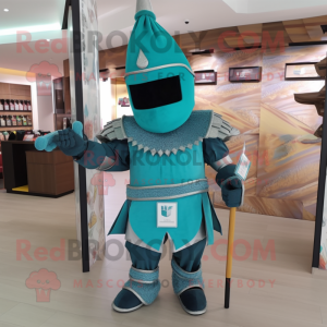 Teal Medieval Knight mascot costume character dressed with a V-Neck Tee and Headbands