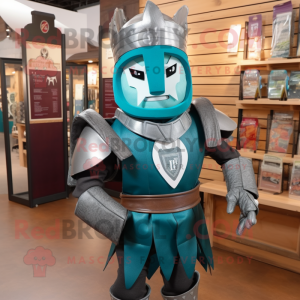 Teal Medieval Knight mascot costume character dressed with a V-Neck Tee and Headbands