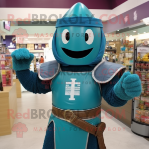 Teal Medieval Knight mascot costume character dressed with a V-Neck Tee and Headbands