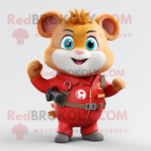 Red Hamster mascot costume character dressed with a Overalls and Gloves