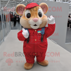 Red Hamster mascot costume character dressed with a Overalls and Gloves