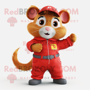 Red Hamster mascot costume character dressed with a Overalls and Gloves
