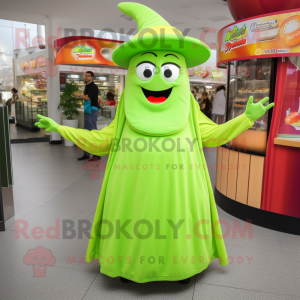 Lime Green Gyro mascot costume character dressed with a Maxi Dress and Hats