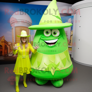 Lime Green Gyro mascot costume character dressed with a Maxi Dress and Hats