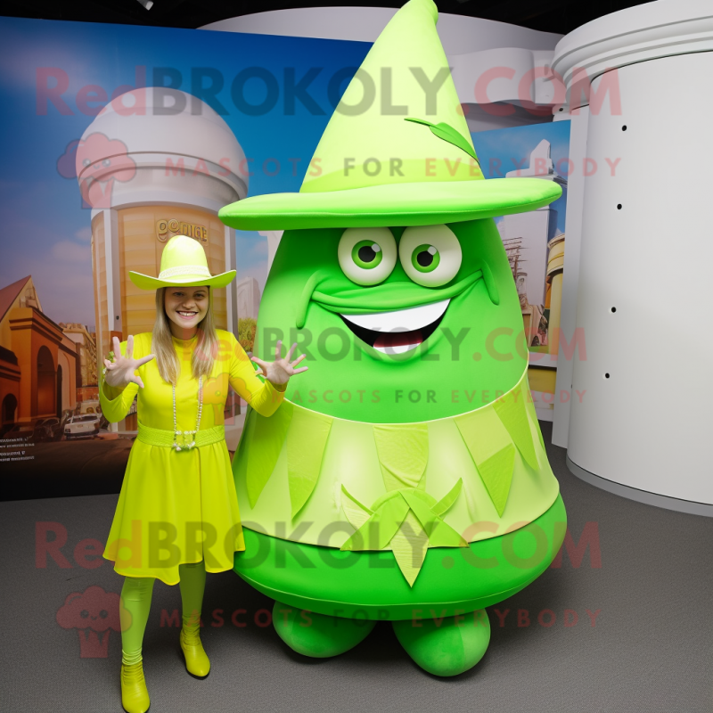 Lime Green Gyro mascot costume character dressed with a Maxi Dress and Hats Lime Green Gyro mascot costume character dressed with a Maxi Dress and Hats