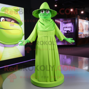 Lime Green Gyro mascot costume character dressed with a Maxi Dress and Hats