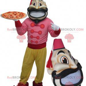 Mascote de homem bigodudo com roupa oriental - Redbrokoly.com