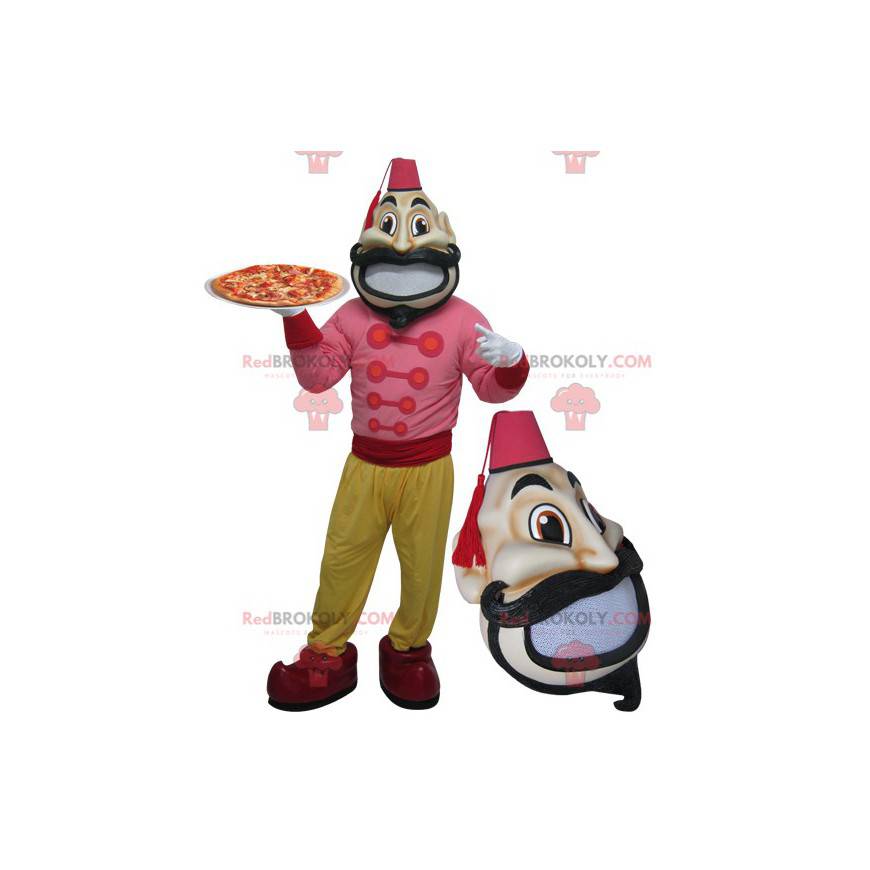 Mascote de homem bigodudo com roupa oriental - Redbrokoly.com