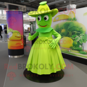 Lime Green Gyro mascot costume character dressed with a Maxi Dress and Hats
