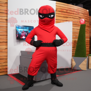 Red Ninja mascot costume character dressed with a Cargo Pants and Sunglasses
