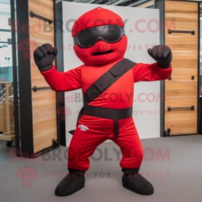 Red Ninja mascot costume character dressed with a Cargo Pants and Sunglasses