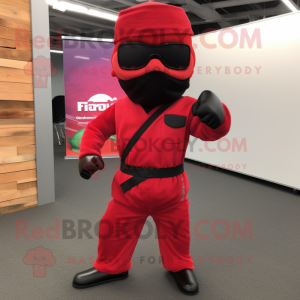 Red Ninja mascot costume character dressed with a Cargo Pants and Sunglasses