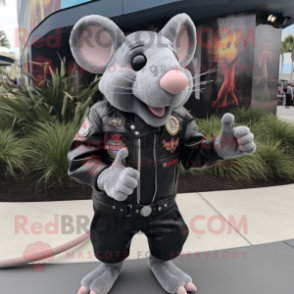 Gray Rat mascot costume character dressed with a Biker Jacket and Brooches