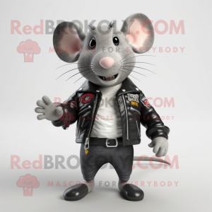 Gray Rat mascot costume character dressed with a Biker Jacket and Brooches