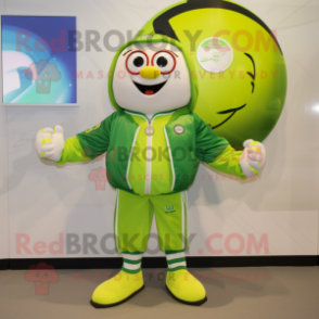 Lime Green Volleyball Ball mascot costume character dressed with a Bomber Jacket and Brooches