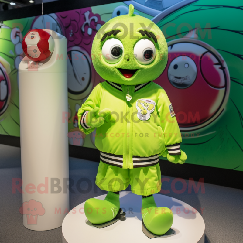 Lime Green Volleyball Ball mascot costume character dressed with a Bomber Jacket and Brooches Lime Green Volleyball Ball mascot costume character dressed with a Bomber Jacket and Brooches