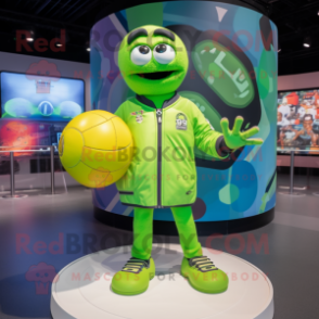 Lime Green Volleyball Ball mascot costume character dressed with a Bomber Jacket and Brooches